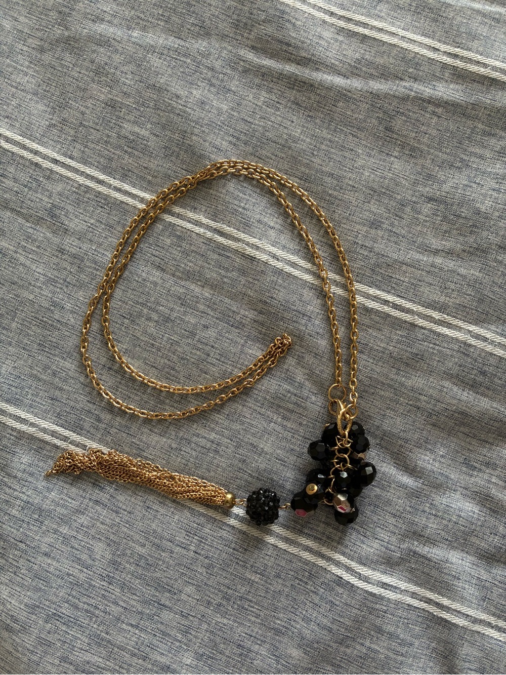 Gold Chain Tassel Necklace with Black Bead Cluster